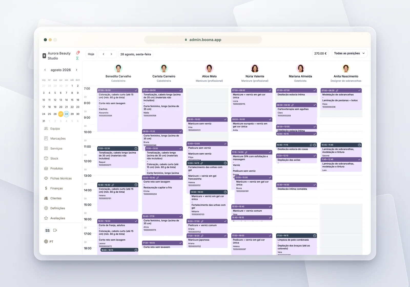 Agenda semanal do salão na Boona com marcações coloridas de vários profissionais